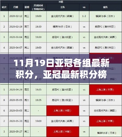 亚冠最新积分榜解析及查询指南，11月19日各组积分榜一览